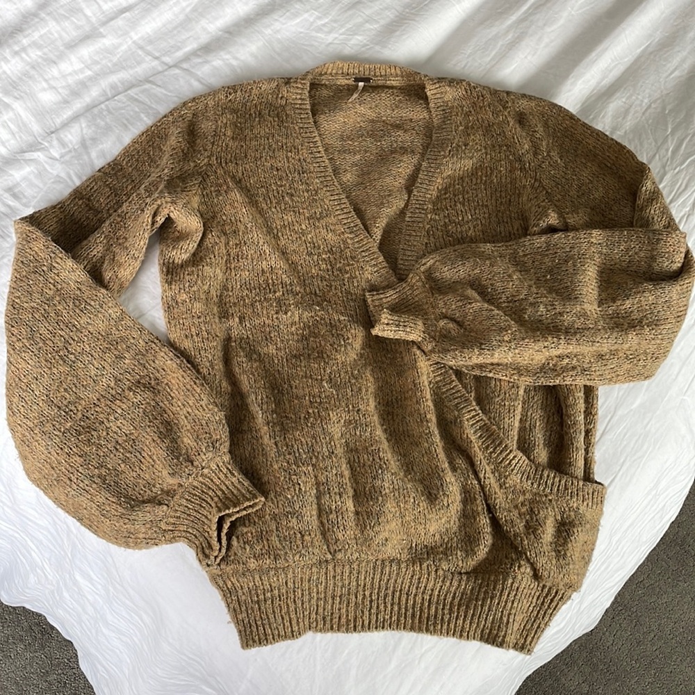 Super cozy camel multicolor deep V Free People sweater with bell sleeves size M